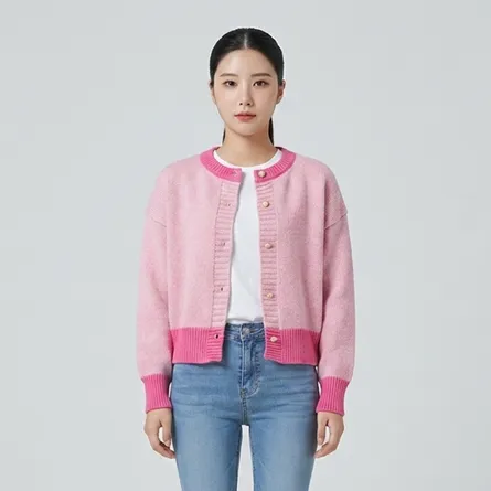 Light-pink-colorblock-knit-button-front-cardigan-sweater-for-women-with-hot-pink-ribbed-trim