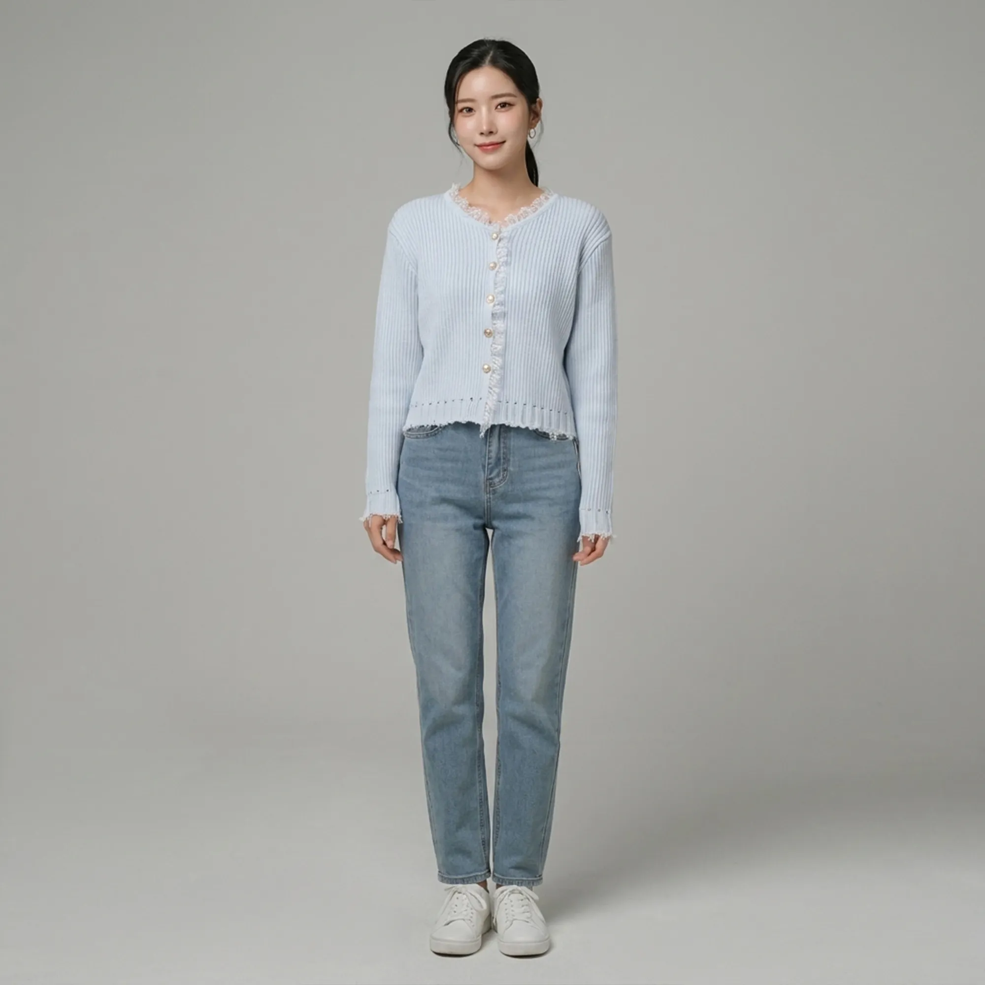 Sky-blue-ribbed-knit-pearl-button-cardigan-sweater-for-women-with-lace-trim-and-full-sleeves