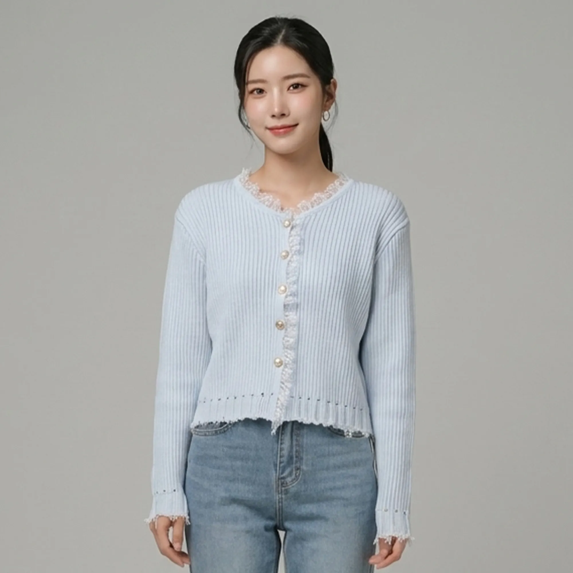 Sky-blue-ribbed-knit-pearl-button-cardigan-sweater-for-women-with-lace-trim-and-full-sleeves