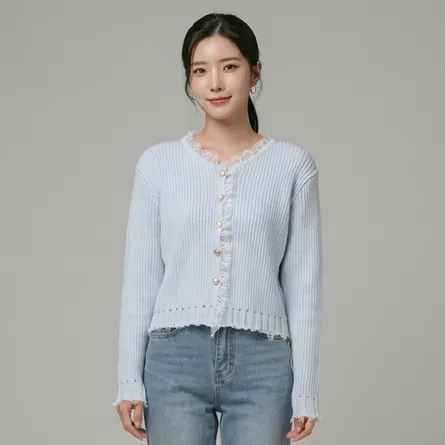 Sky-blue-ribbed-knit-pearl-button-cardigan-sweater-for-women-with-lace-trim-and-full-sleeves