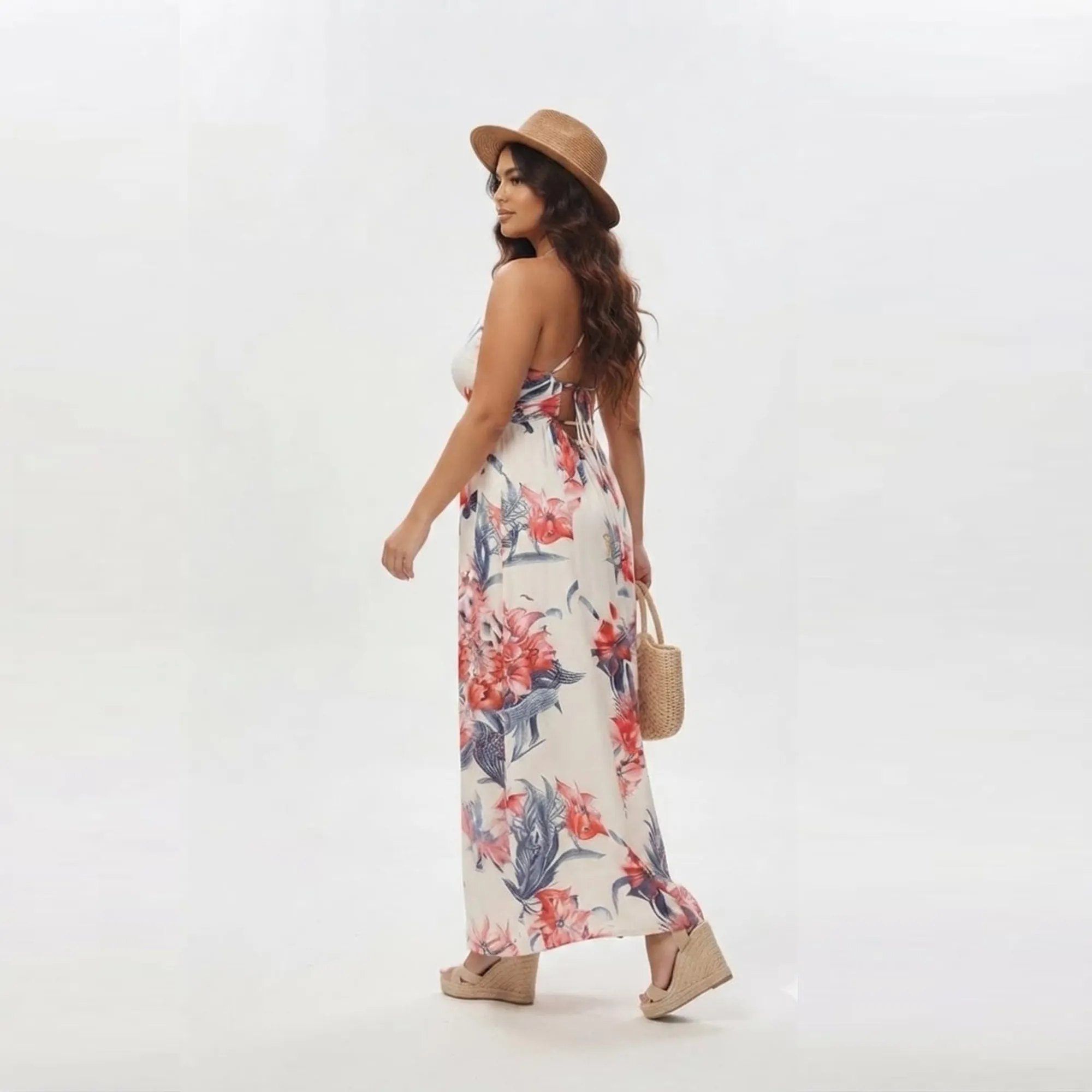 White-floral-print-halter-neck-maxi-dress-with-front-slit-for-women