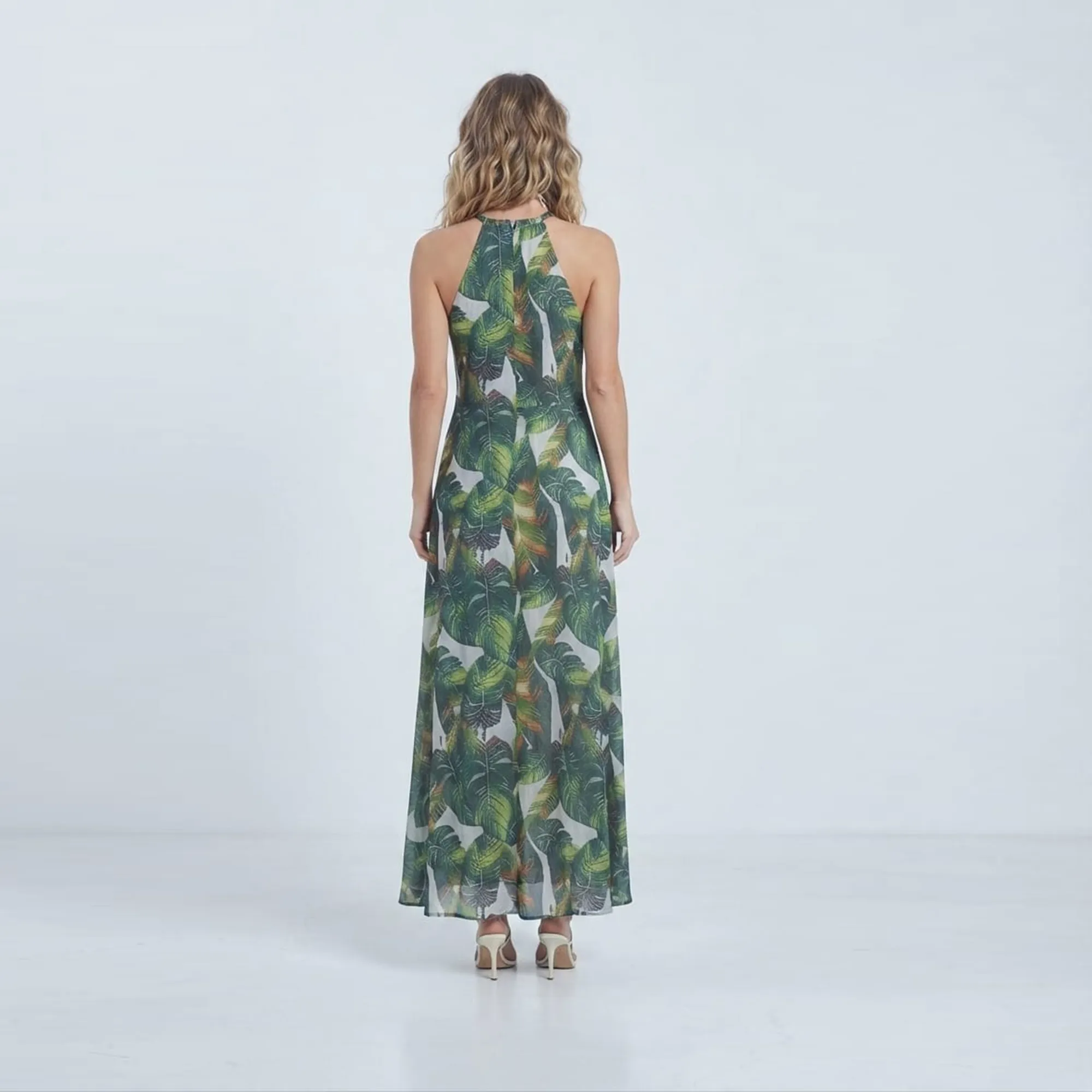 Green-tropical-leaf-print-halter-neck-maxi-dress-for-women