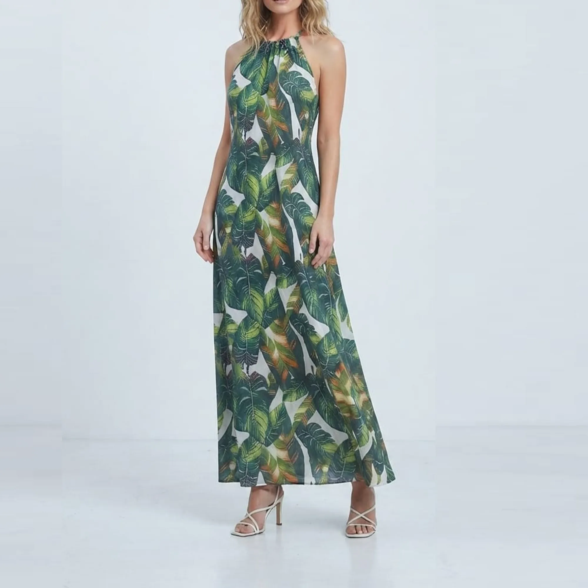 Green-tropical-leaf-print-halter-neck-maxi-dress-for-women