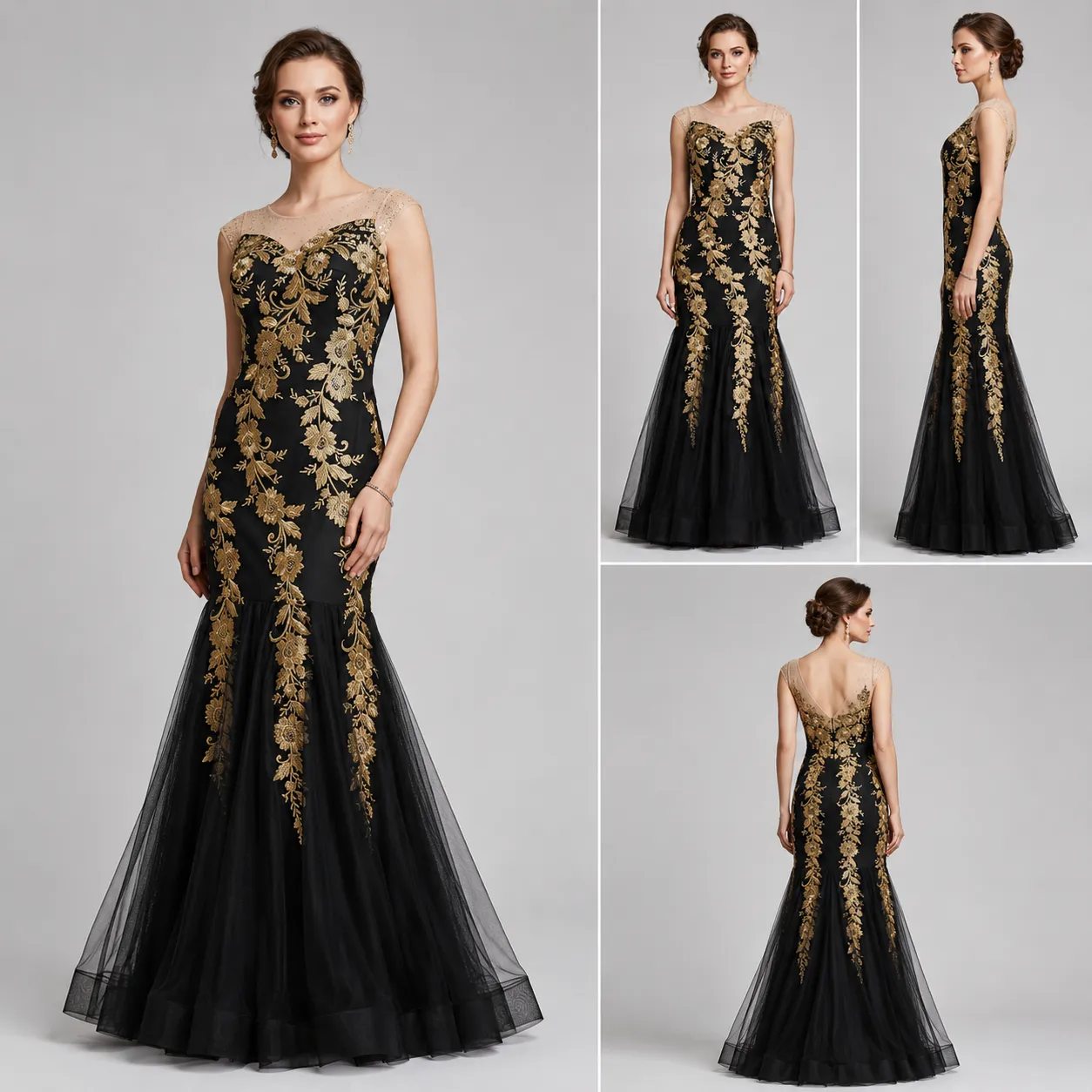 Black-and-gold-embroidered-mermaid-maxi-gown-for-women-mesh-neck-evening-party-dress