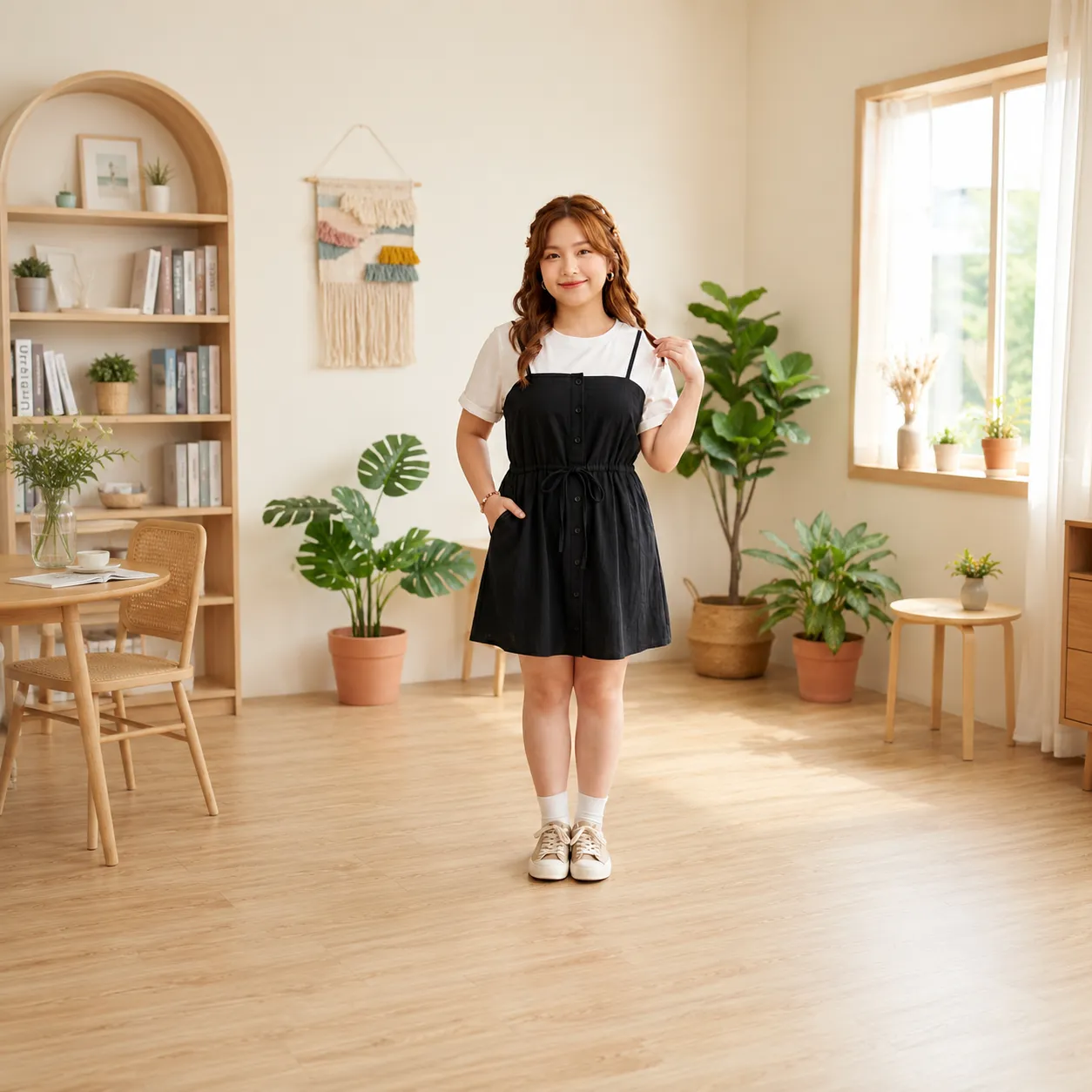 Black-layered-pinafore-mini-dress-with-white-t-shirt-for-women-sleeveless-casual-a-line-dress-set