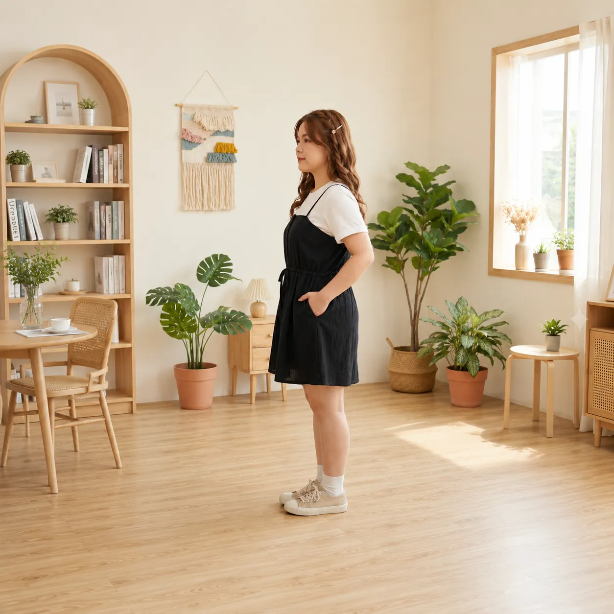 Black-layered-pinafore-mini-dress-with-white-t-shirt-for-women-sleeveless-casual-a-line-dress-set