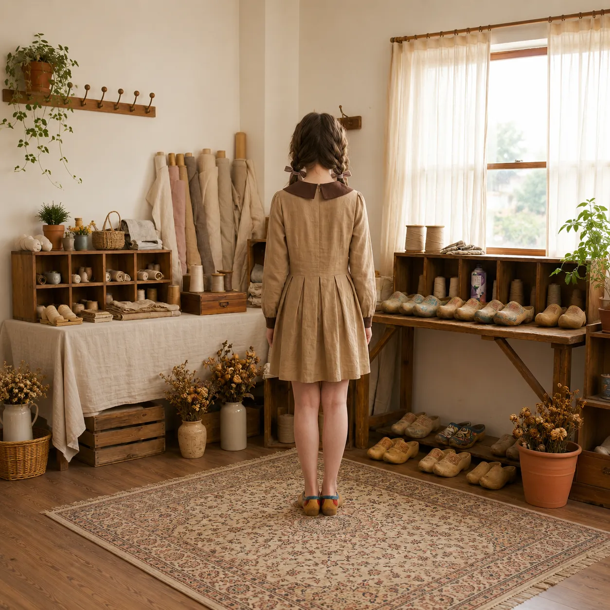 Beige-long-sleeve-pleated-a-line-dress-with-contrast-collar-casual-cotton-dress