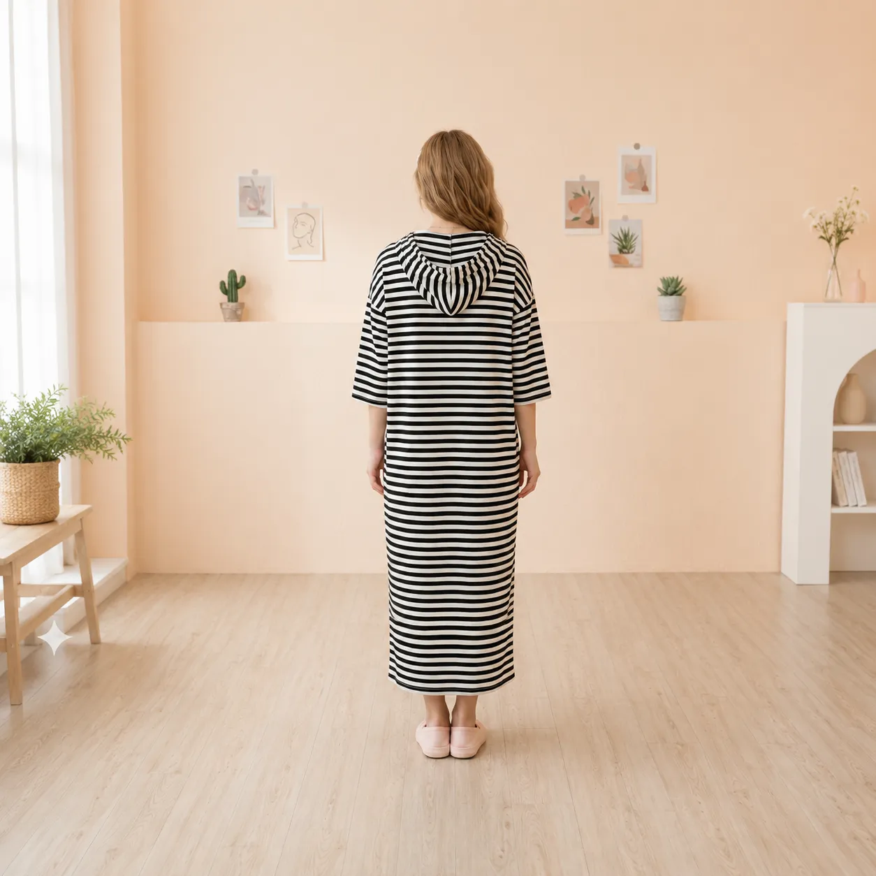 Black-and-white-striped-hooded-maxi-dress-for-women-casual-relaxed-fit-long-dress-with-pockets