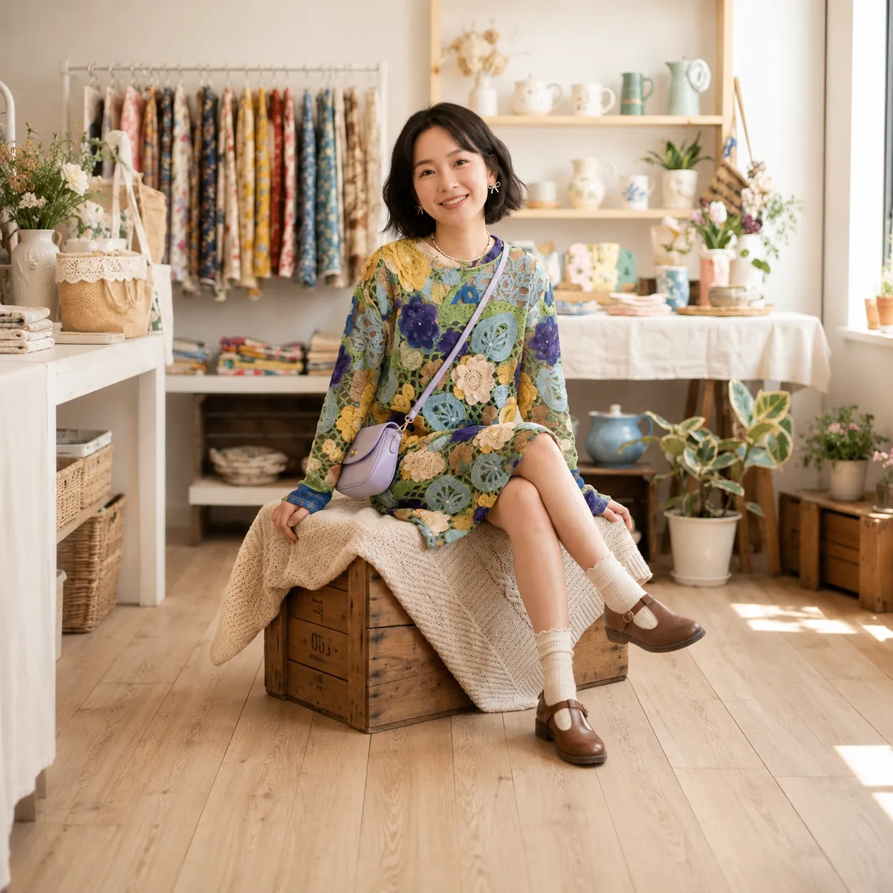 Multicolor-floral-crochet-knit-sweater-mini-dress-for-women-long-sleeve-casual-dress