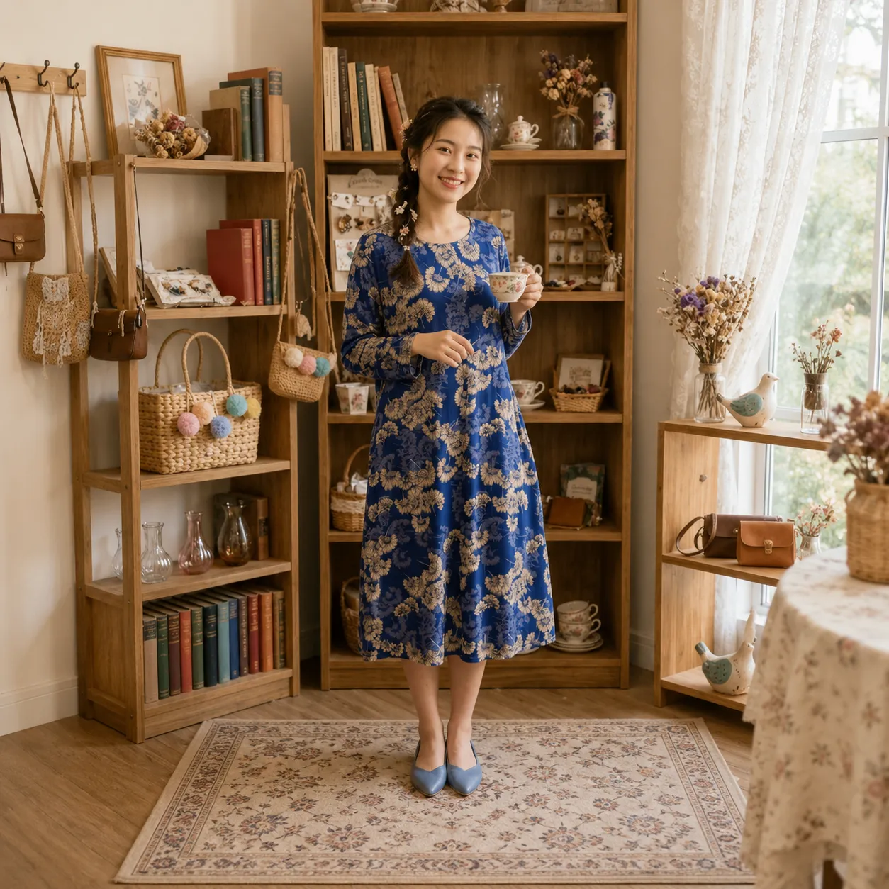 Blue-floral-printed-a-line-midi-dress-for-women-long-sleeve-round-neck-dress