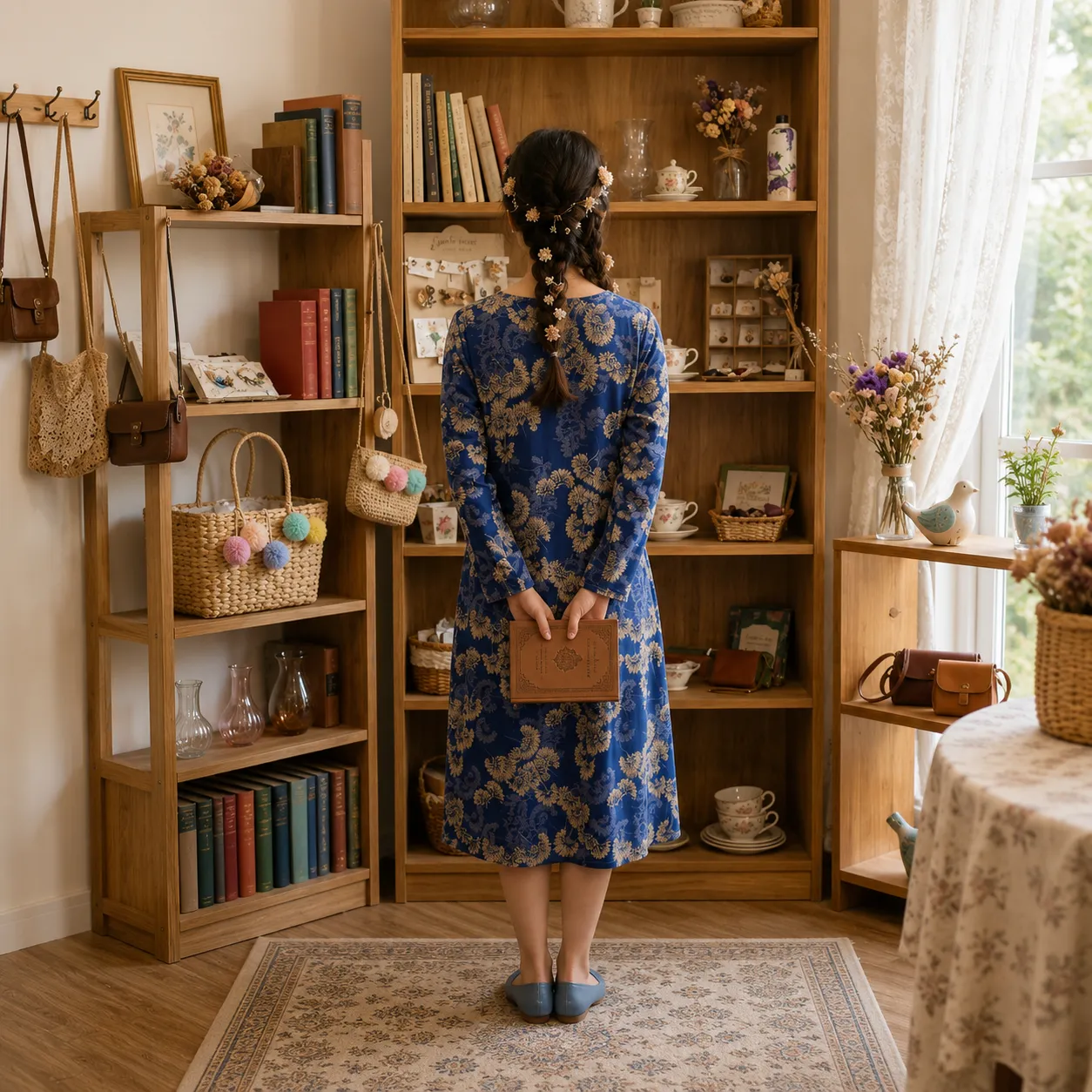 Blue-floral-printed-a-line-midi-dress-for-women-long-sleeve-round-neck-dress