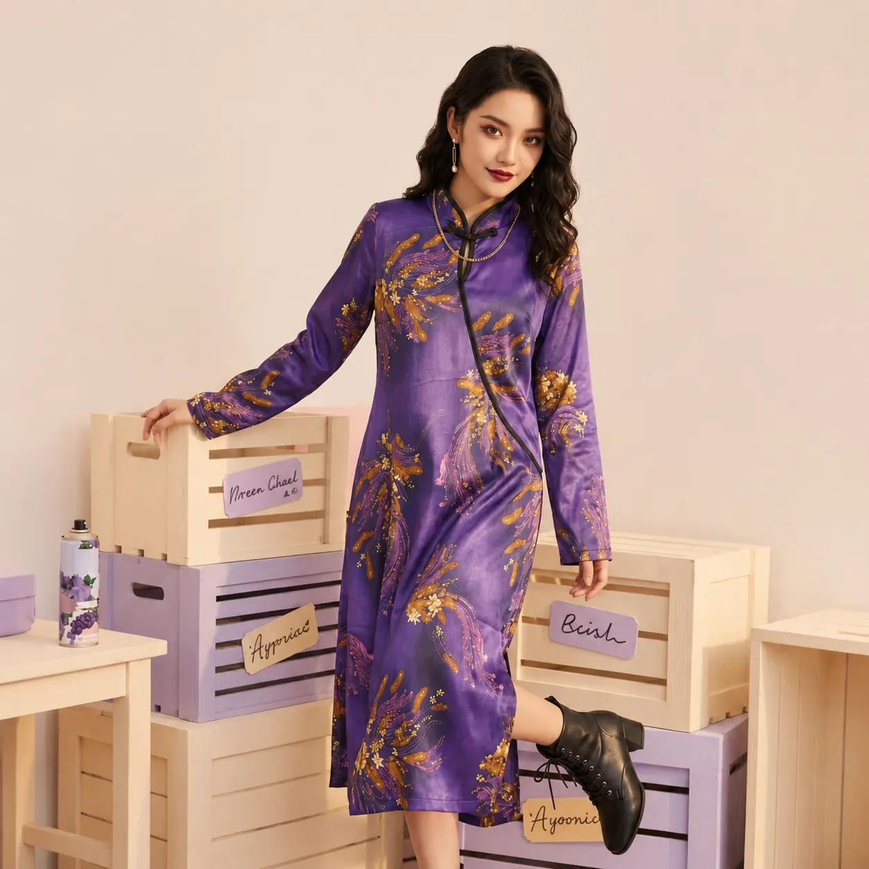 Purple-printed-mandarin-collar-long-sleeve-midi-dress-for-women-ethnic-style-dress