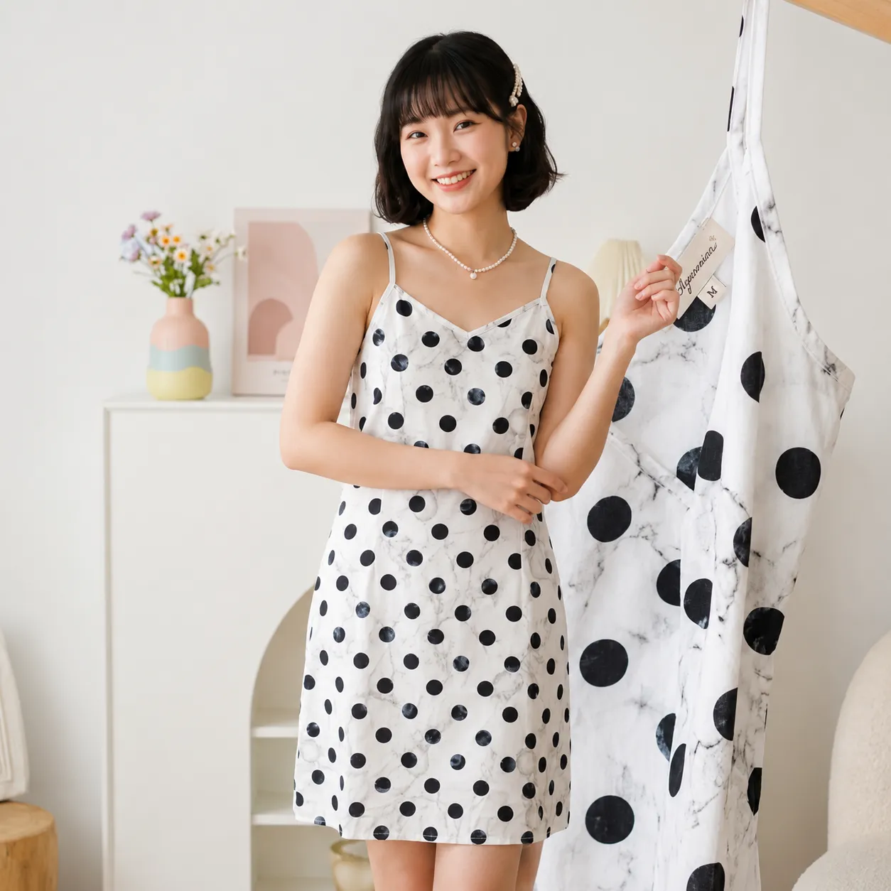 White-polka-dot-slip-mini-dress-for-women-spaghetti-strap-casual-dress