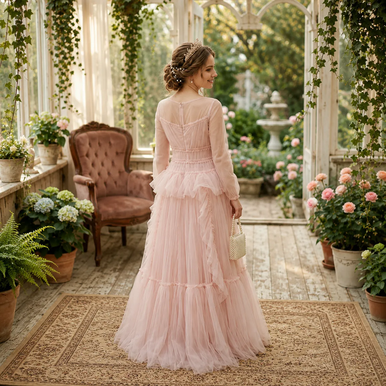 Pink-ruffle-tulle-maxi-gown-with-sheer-long-sleeves-for-women