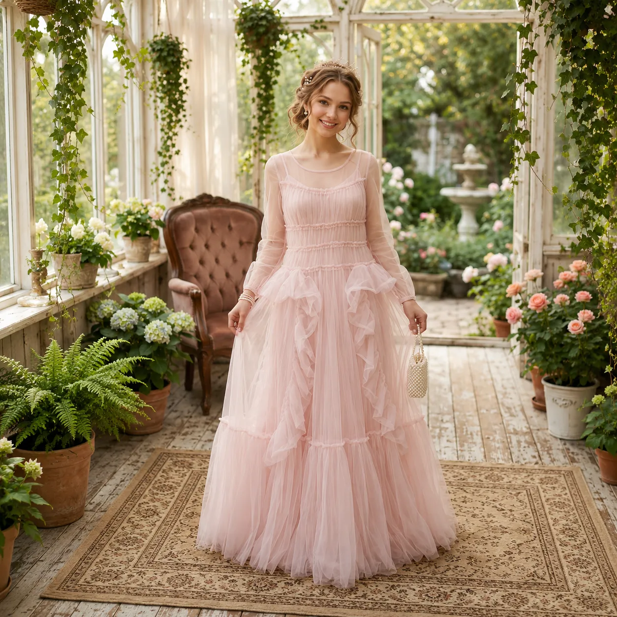 Pink-ruffle-tulle-maxi-gown-with-sheer-long-sleeves-for-women