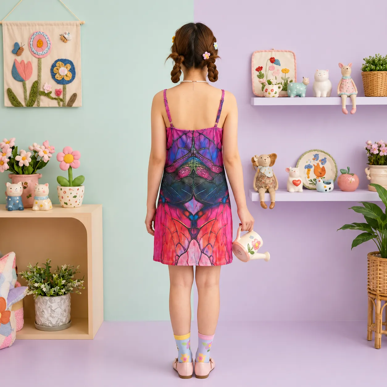 Colourful-dragonfly-print-sleeveless-mini-nightdress-for-women