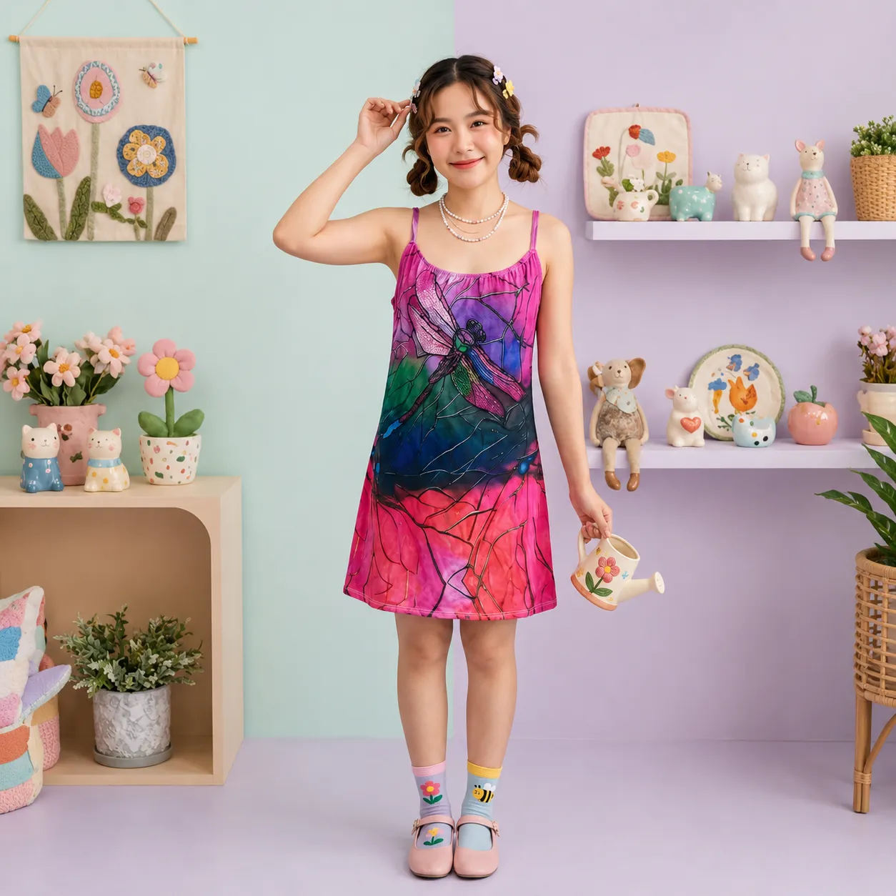 Colourful-dragonfly-print-sleeveless-mini-nightdress-for-women