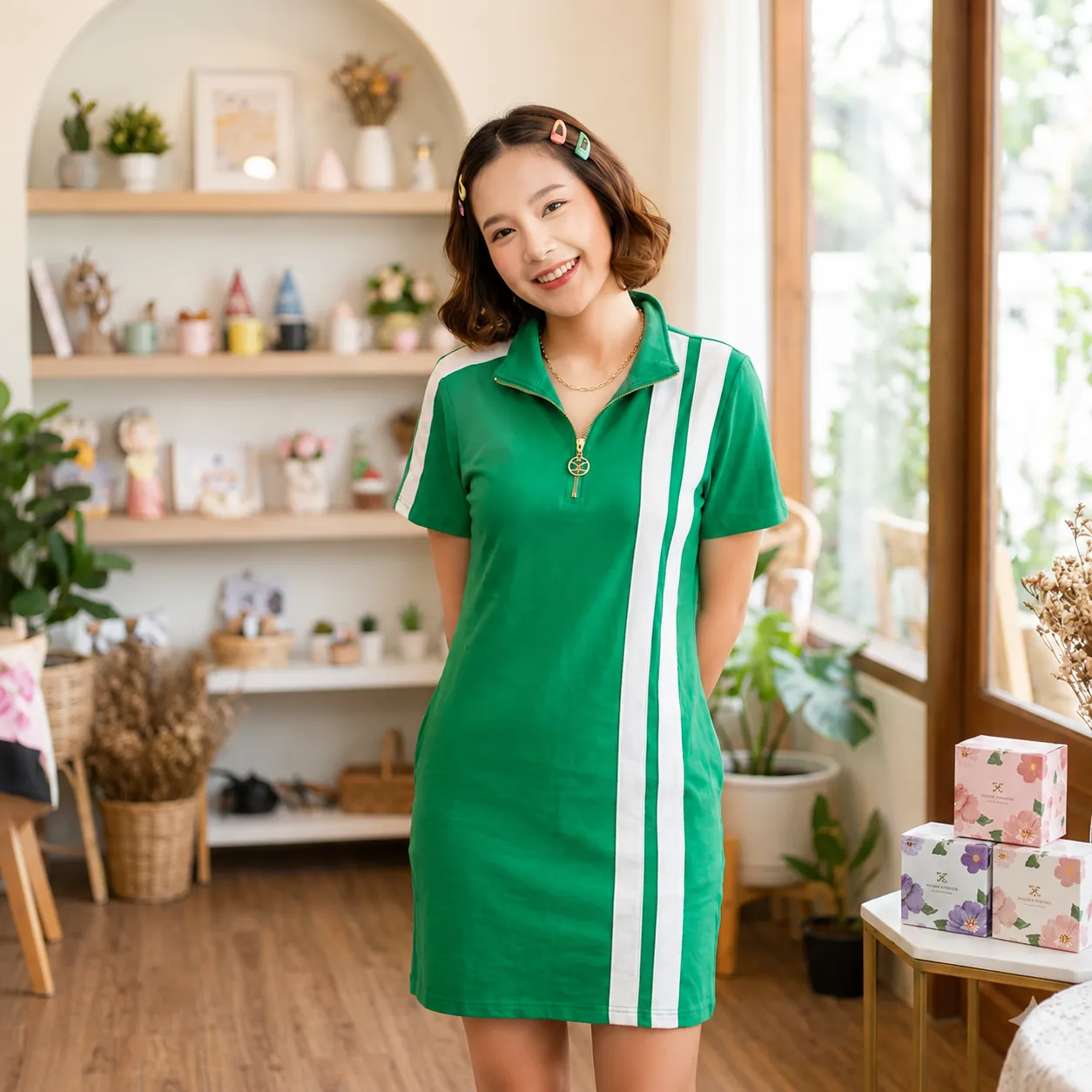 Green-polo-neck-mini-t-shirt-dress-with-white-side-stripes-for-women