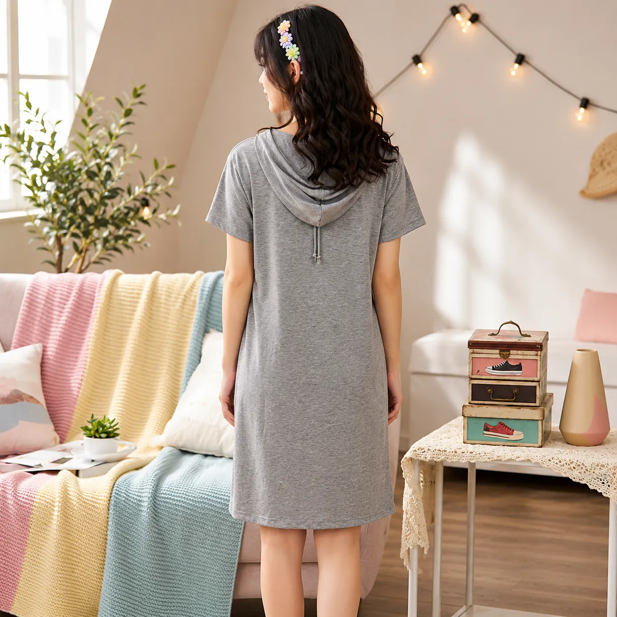 Grey-short-sleeve-hooded-t-shirt-dress-with-front-pocket-for-women