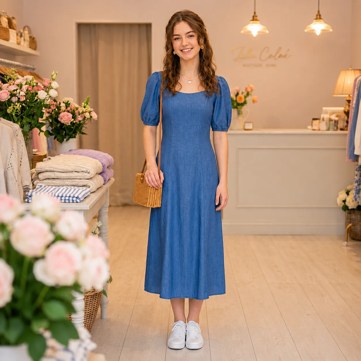 Blue-denim-look-midi-dress-with-puff-sleeves-and-open-back-for-women