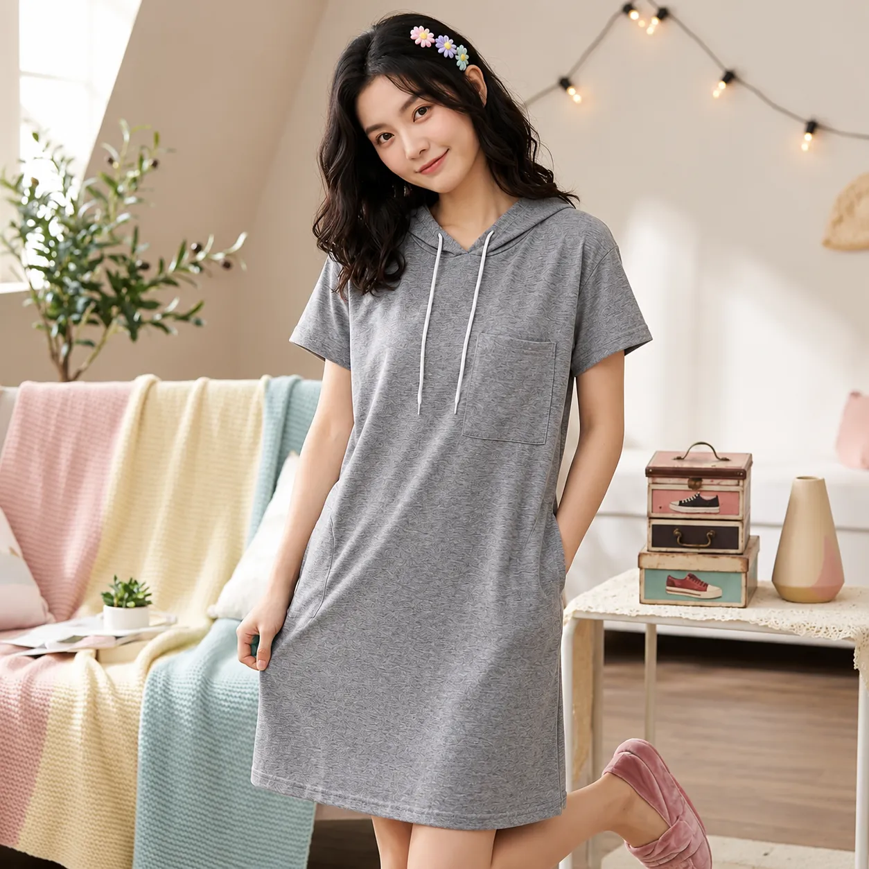 Grey-short-sleeve-hooded-t-shirt-dress-with-front-pocket-for-women