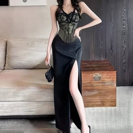 Black Lace Corset Bodycon Dress for Women - Image 1