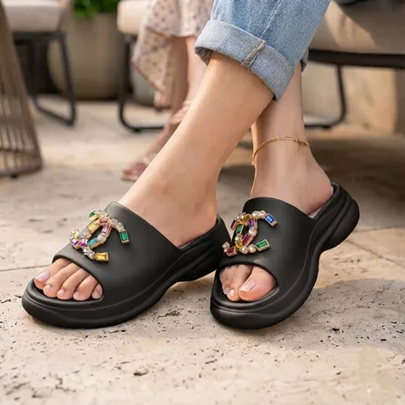 Women's Platform Slides with Multicolour Crystal Embellishment - Image 3