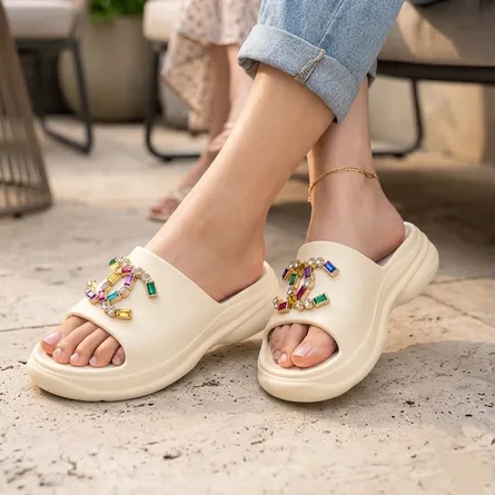 Women's Platform Slides with Multicolour Crystal Embellishment - Image 4