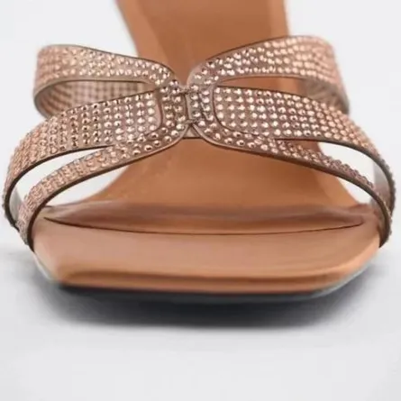Women's Rhinestone Cross Strap Kitten Heel Sandals - Image 5
