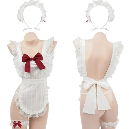 Delicate Lace Maid Cosplay Lingerie Set with Bow Detail & Matching Accessories - Image 6
