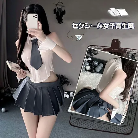 Schoolgirl Chic: Pleated Mini Skirt & Collared Tie-Front Top Set - Image 4