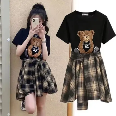 ​Chic Bear Graphic Tee & Plaid Skirt Co-ord Set – Trendy Streetwear Look - Image 5