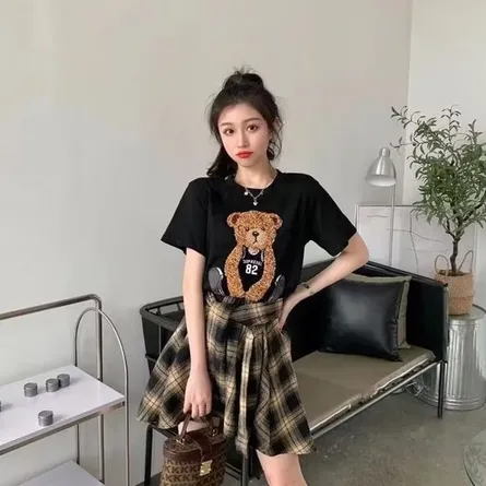 ​Chic Bear Graphic Tee & Plaid Skirt Co-ord Set – Trendy Streetwear Look - Image 4