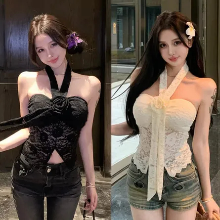 Women's Elegant Floral Lace Halter Crop Top with Front Bow & Rose Detail