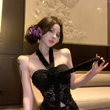 Women's Elegant Floral Lace Halter Crop Top with Front Bow & Rose Detail - Image 6