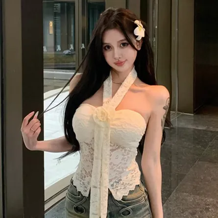 Women's Elegant Floral Lace Halter Crop Top with Front Bow & Rose Detail - Image 5