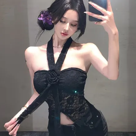 Women's Elegant Floral Lace Halter Crop Top with Front Bow & Rose Detail - Image 4