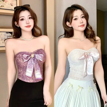Elegant Floral Lace Bandeau Top with Satin Bow Detai - Image 2