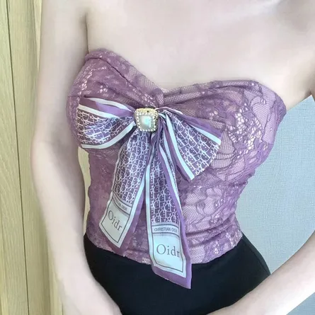 Elegant Floral Lace Bandeau Top with Satin Bow Detai - Image 1