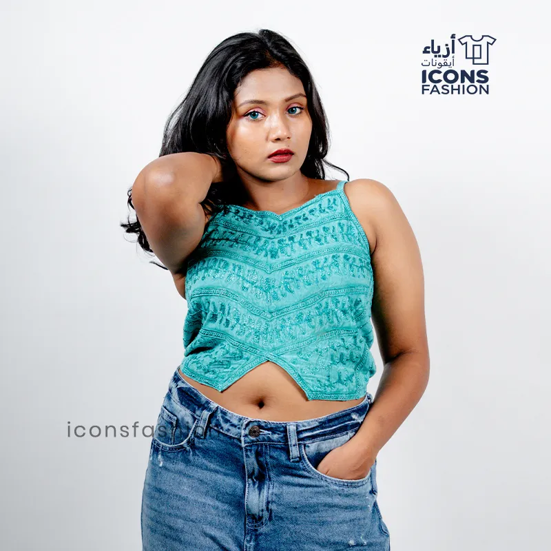 Teal-blue-textured-sleeveless-handkerchief-hem-crop-top-for-women