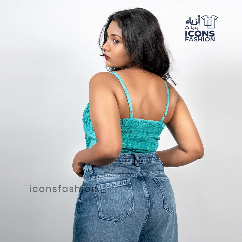 Teal-blue-textured-sleeveless-handkerchief-hem-crop-top-for-women