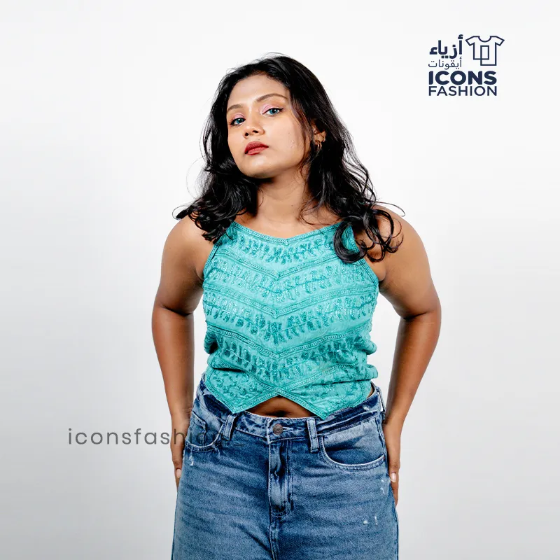 Teal-blue-textured-sleeveless-handkerchief-hem-crop-top-for-women
