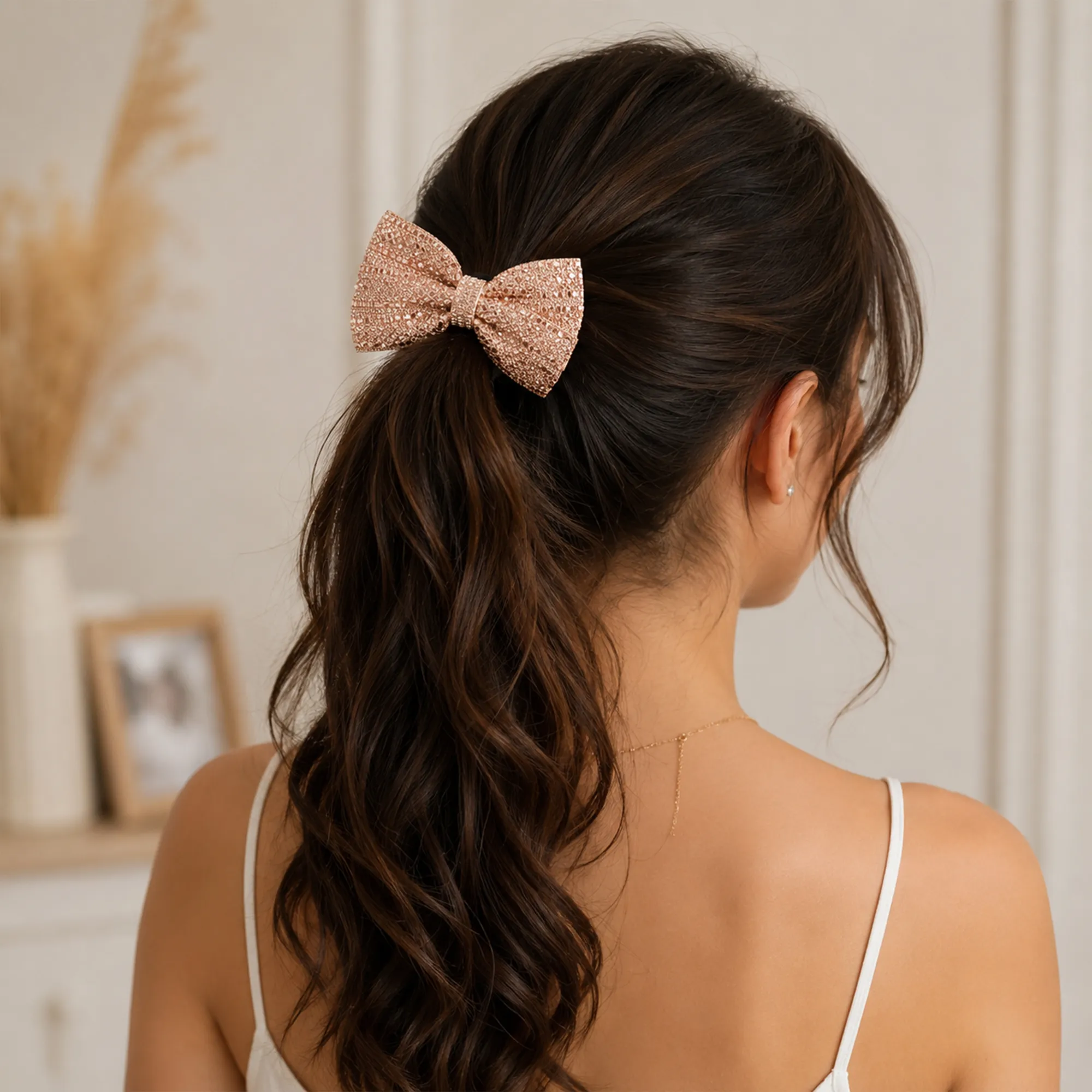 Black-satin-scrunchie-with-rose-gold-embellished-bow-hair-accessory