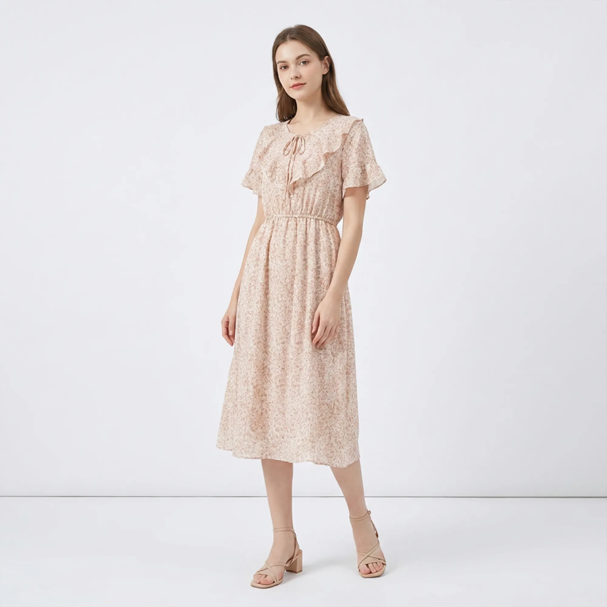 Beige-peach-floral-printed-midi-dress-with-ruffle-detail-and-fluttaer-sleeves