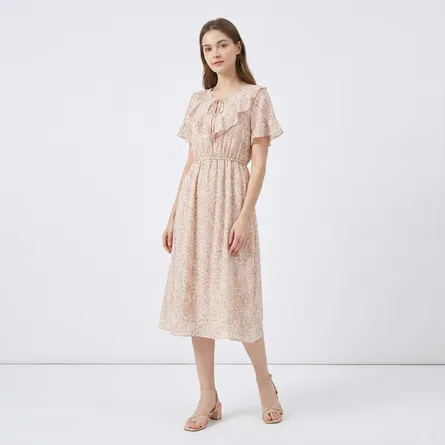 Beige-peach-floral-printed-midi-dress-with-ruffle-detail-and-fluttaer-sleeves