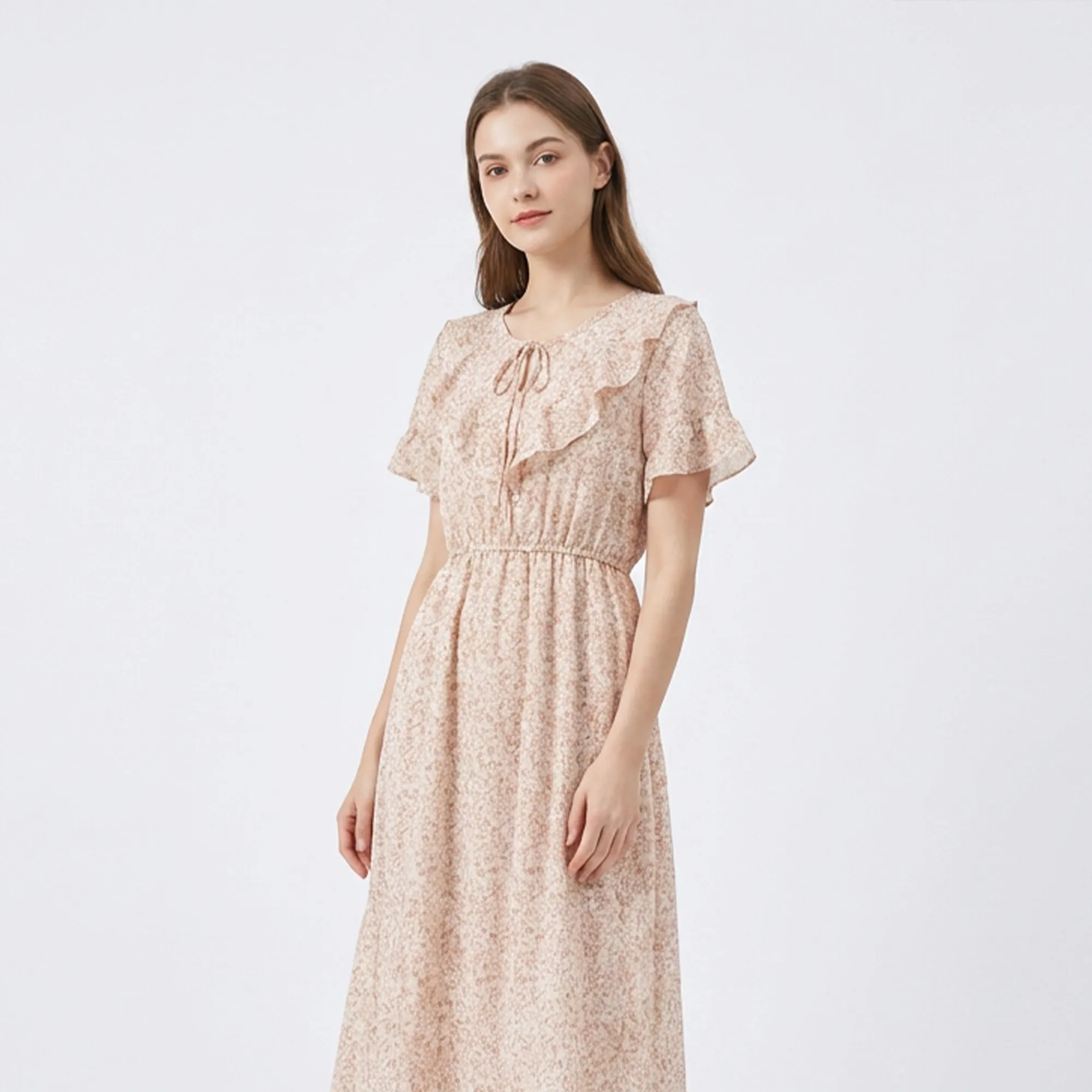 Beige-peach-floral-printed-midi-dress-with-ruffle-detail-and-fluttaer-sleeves
