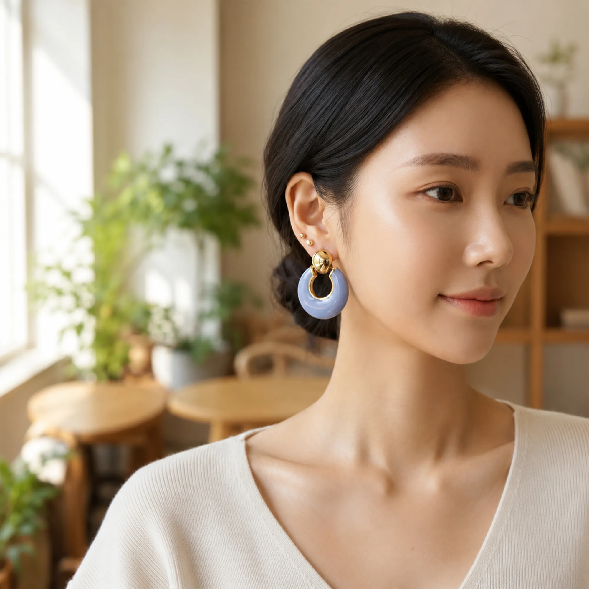 Lavender-round-hoop-earrings-with-gold-tone-spherical-detail-for-women