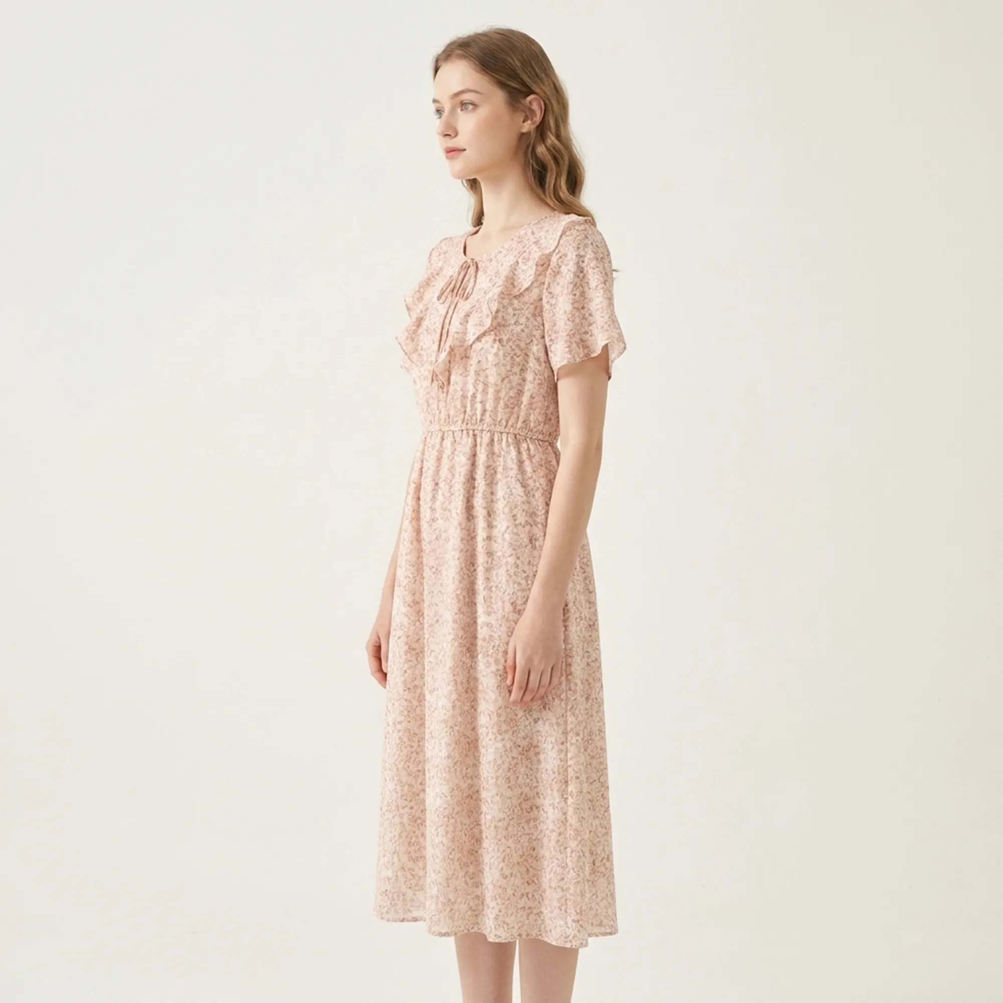 Beige-peach-floral-printed-midi-dress-with-ruffle-detail-and-fluttaer-sleeves