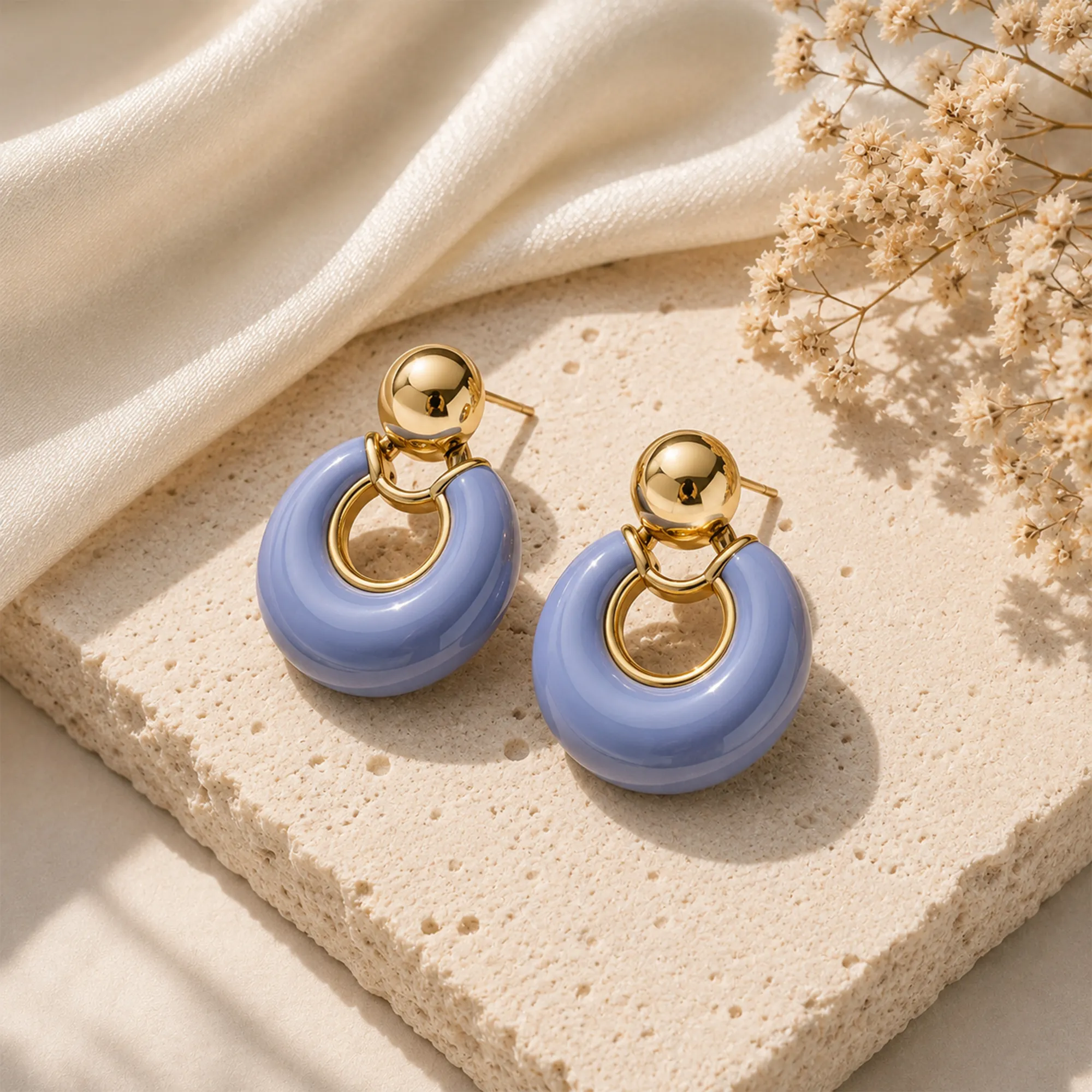Lavender-round-hoop-earrings-with-gold-tone-spherical-detail-for-women