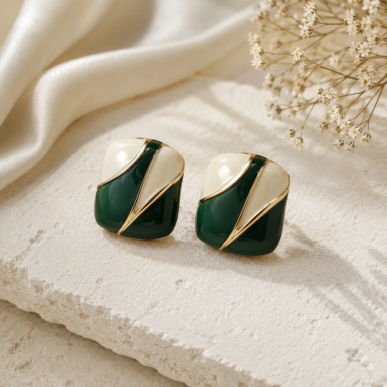 Dark-green-and-cream-geometric-statement-earrings-with-gold-tone-detail-for-women